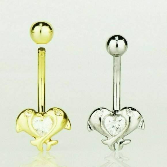 Solid 14k Gold Dolphin Love Belly Button Ball Body Jewelry Piercing with Stone - Picture 1 of 4